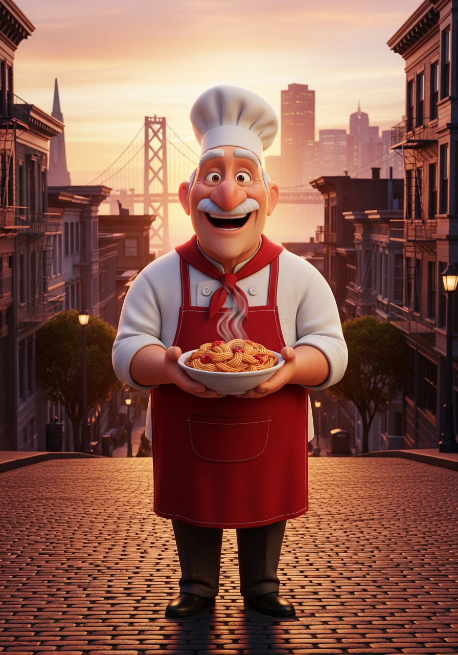 Giuseppe Porto serving spaghetti on a San Francisco street.